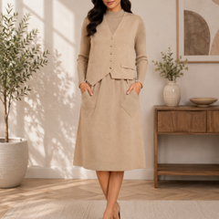 Beige Premium Knitted Waistcoat & A-Line Midi Dress Co-ord Set for Women