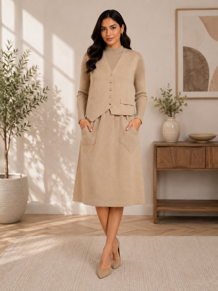 Beige Premium Knitted Waistcoat & A-Line Midi Dress Co-ord Set for Women