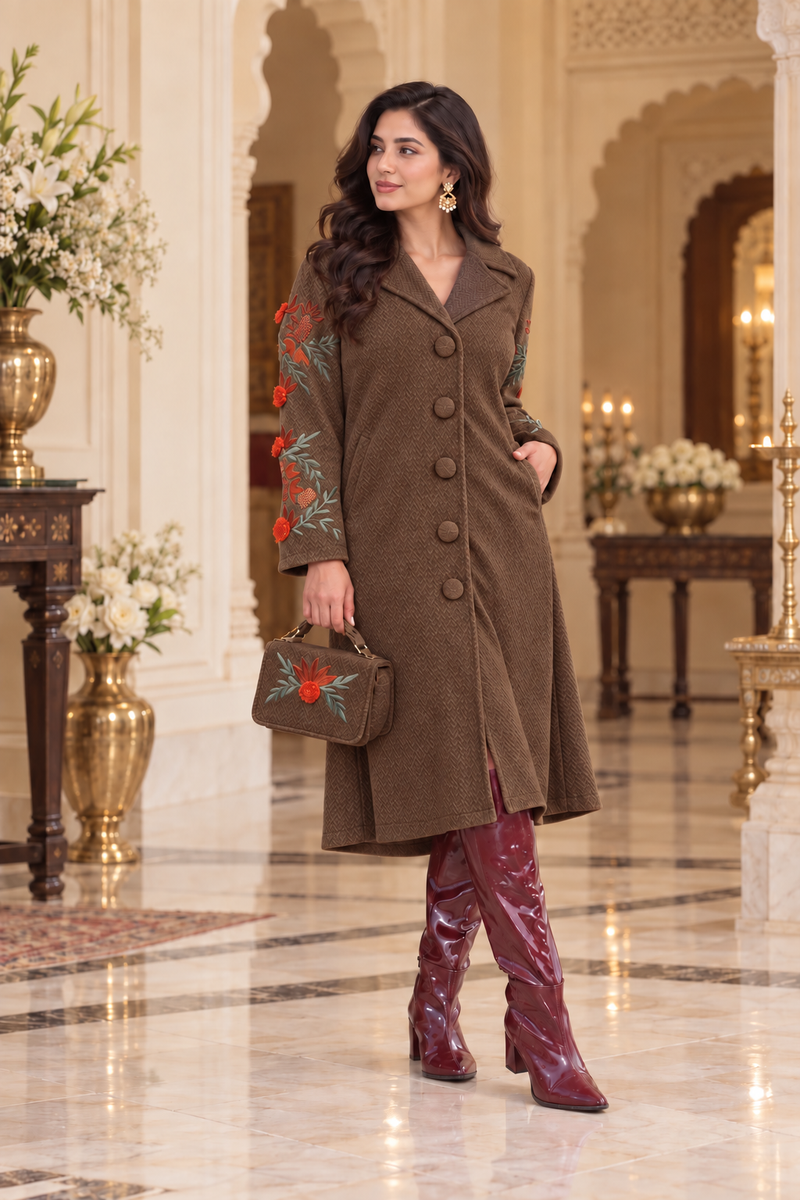 Floral Embroidered Long Winter Coat