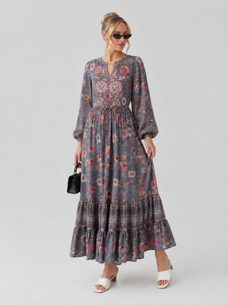Women’s Grey Floral Printed Maxi Dress | Long Sleeve Boho Tiered Dress for Women