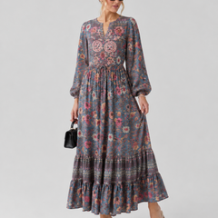 Women’s Grey Floral Printed Maxi Dress | Long Sleeve Boho Tiered Dress for Women