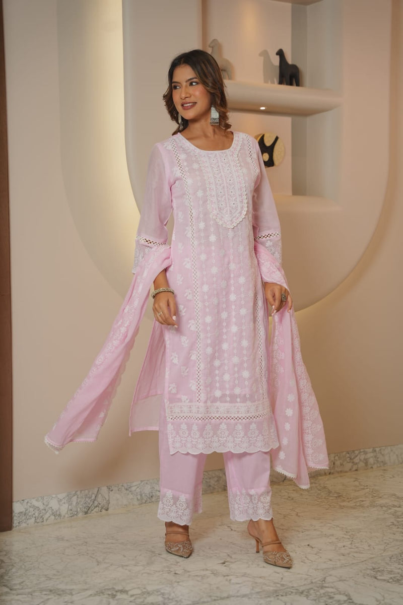 Blush Pink Chikankari Embroidered Cotton Suit Set with Dupatta for Women | Elegant Ethnic Wear