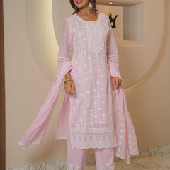 Blush Pink Chikankari Embroidered Cotton Suit Set with Dupatta for Women | Elegant Ethnic Wear