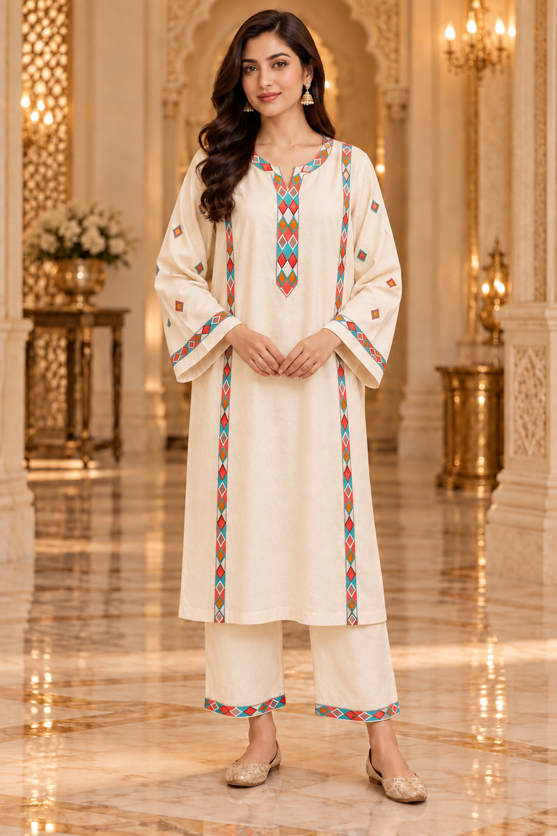 Geometric Embroidered Kurta Pant Chogha Set