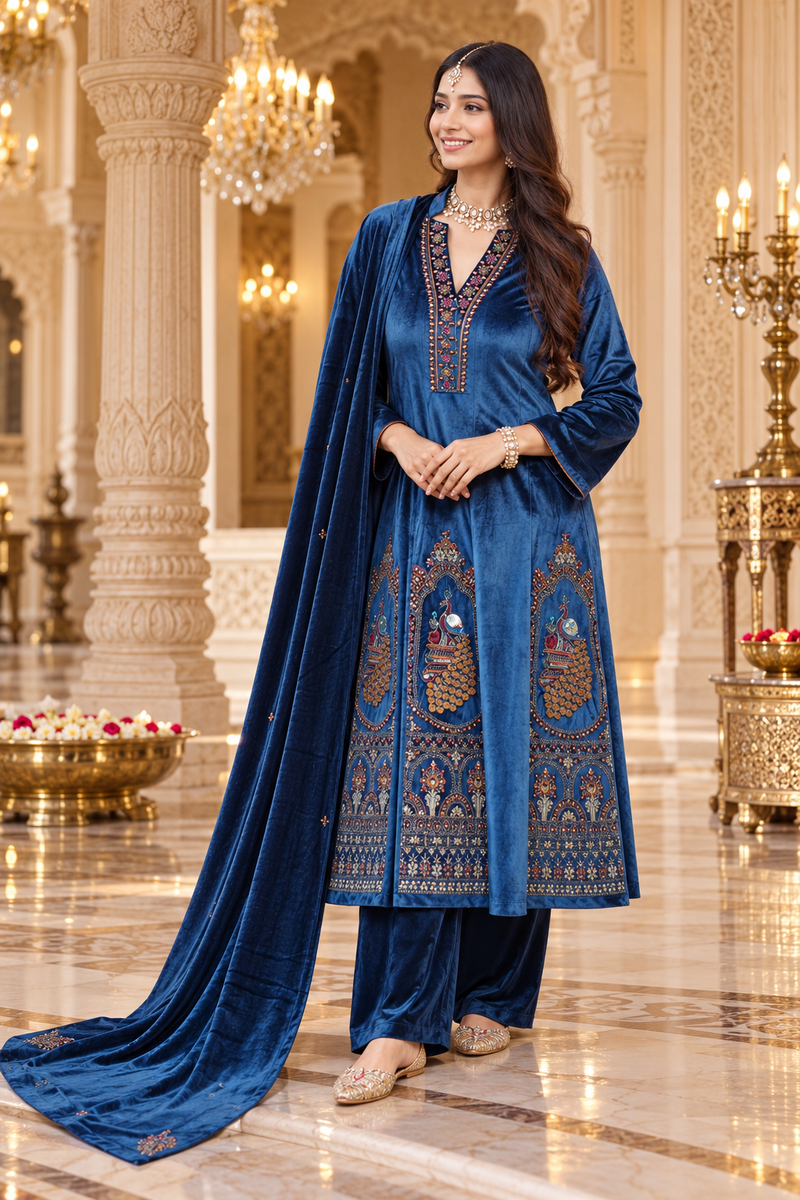 Royal Sapphire Blue Velvet Peacock Embroidered Anarkali Suit Set