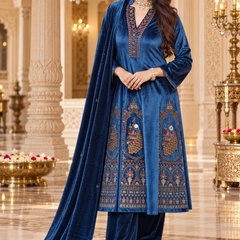 Royal Sapphire Blue Velvet Peacock Embroidered Anarkali Suit Set