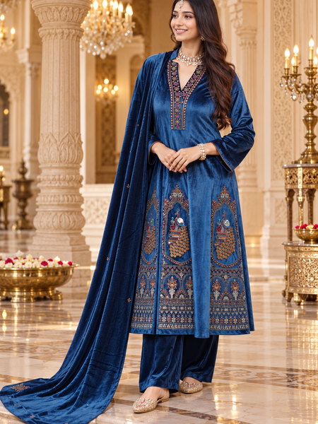 Royal Sapphire Blue Velvet Peacock Embroidered Anarkali Suit Set