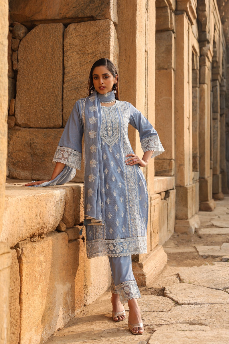 Mulson Mist Blue Embroidered Suit Set