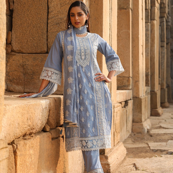 Mulson Mist Blue Embroidered Suit Set