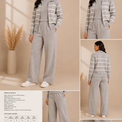 Mulson Ivory Striped 3-Piece Knitted Co-ord Set with Zip Jacket