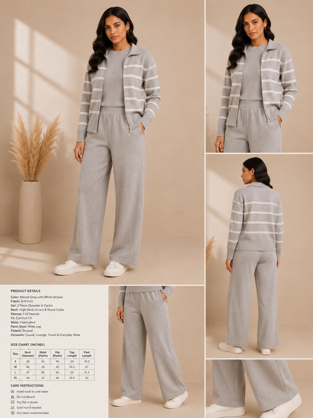 Mulson Ivory Striped 3-Piece Knitted Co-ord Set with Zip Jacket