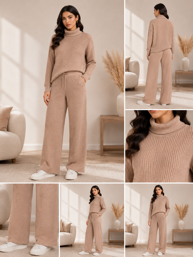 Mocha Textured Turtleneck Knitted Co-ord Set