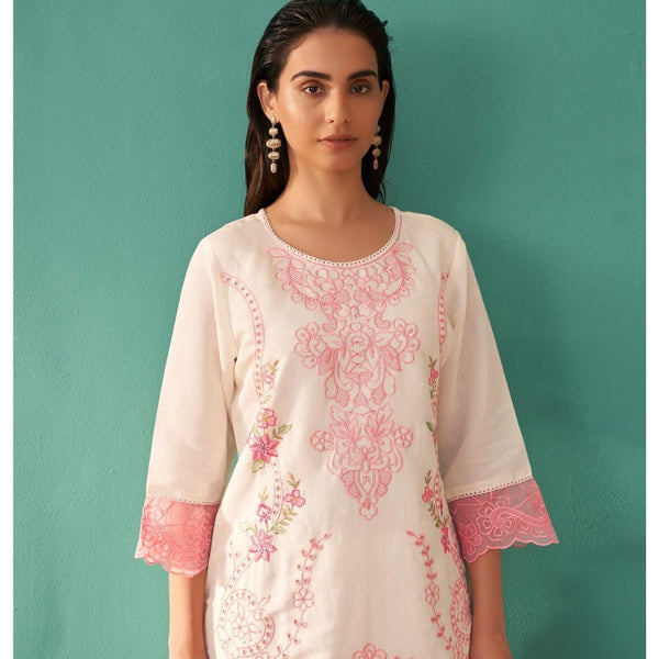 Mulson white Cotton Suit Set with Dupatta