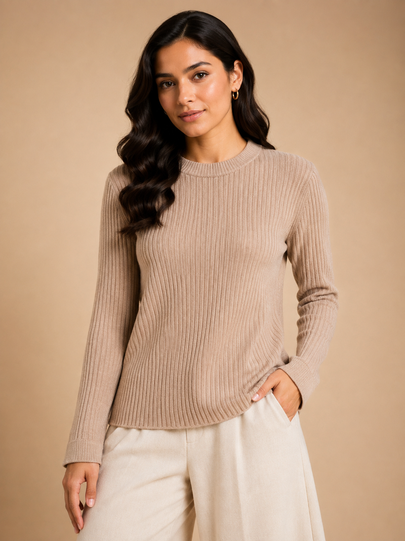 Women’s Chocolate Brown Ribbed Knit Round Neck Sweater