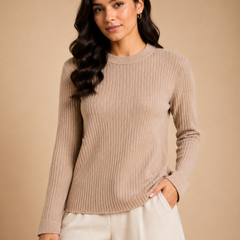 Women’s Chocolate Brown Ribbed Knit Round Neck Sweater