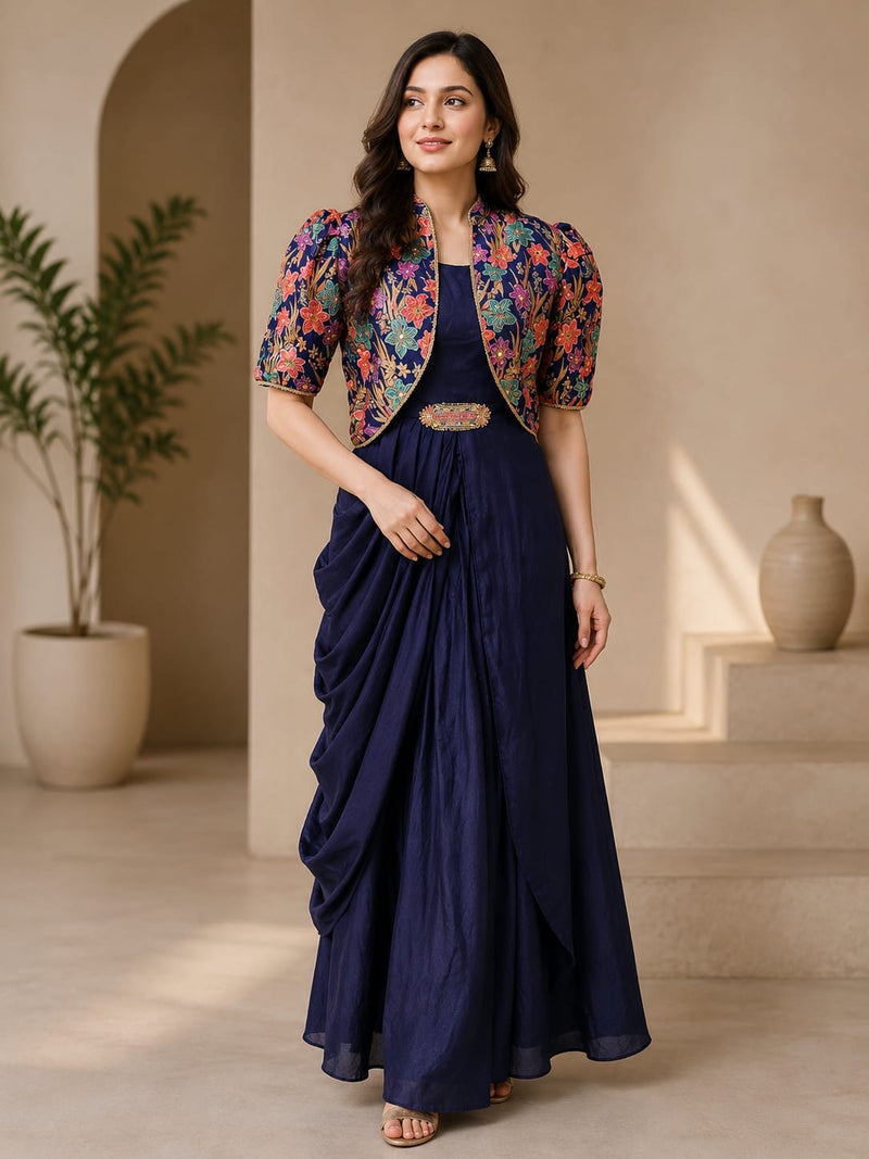 Women’s Navy Blue Draped Maxi Dress with Floral Printed Jacket | Indo-Western Festive Gown