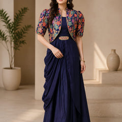 Women’s Navy Blue Draped Maxi Dress with Floral Printed Jacket | Indo-Western Festive Gown