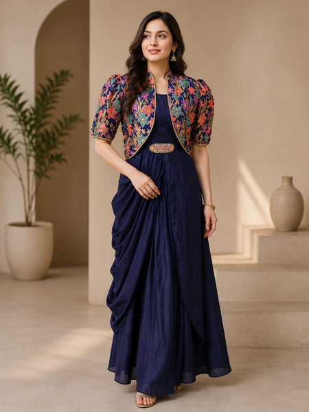 Women’s Navy Blue Draped Maxi Dress with Floral Printed Jacket | Indo-Western Festive Gown