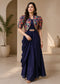 Women’s Navy Blue Draped Maxi Dress with Floral Printed Jacket | Indo-Western Festive Gown