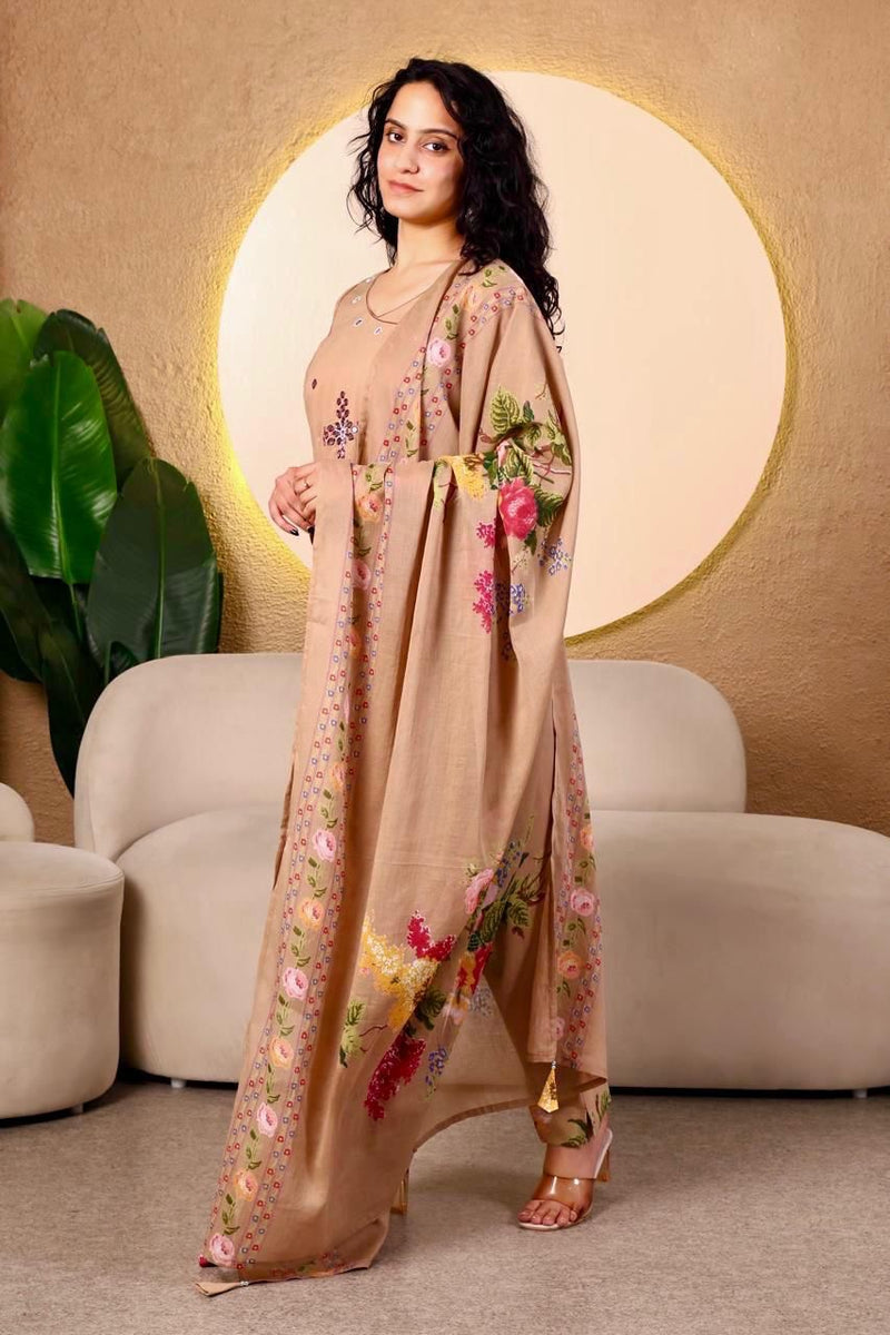 Beige Floral Printed Cotton Suit Set with Dupatta for Women | Elegant Everyday Ethnic Wear