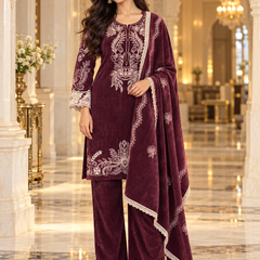 Embroidered Winter Corduroy 3-Piece Suit Set with Dupatta