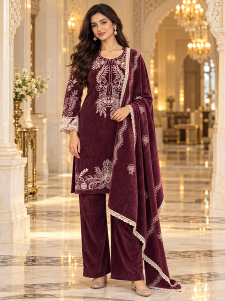 Embroidered Winter Corduroy 3-Piece Suit Set with Dupatta