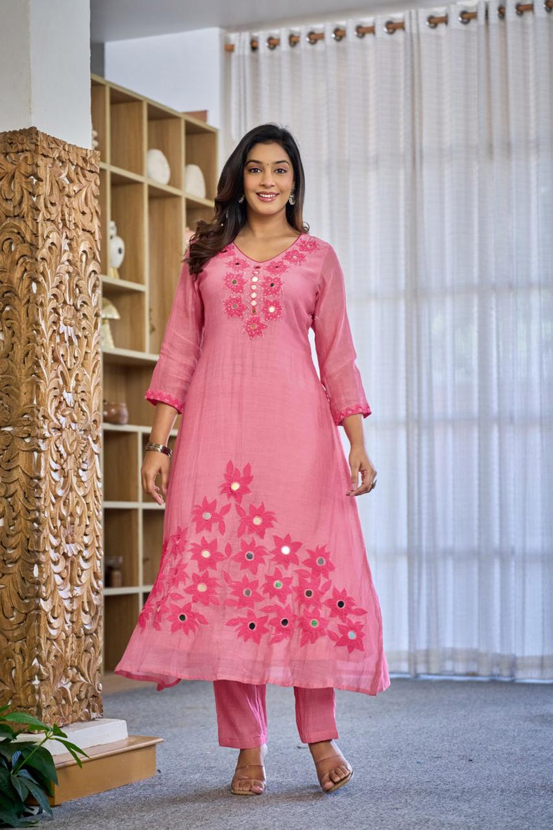 Premium Mul Chanderi Appliqué & Mirror Work Kurta Set with Dupatta