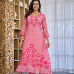 Premium Mul Chanderi Appliqué & Mirror Work Kurta Set with Dupatta