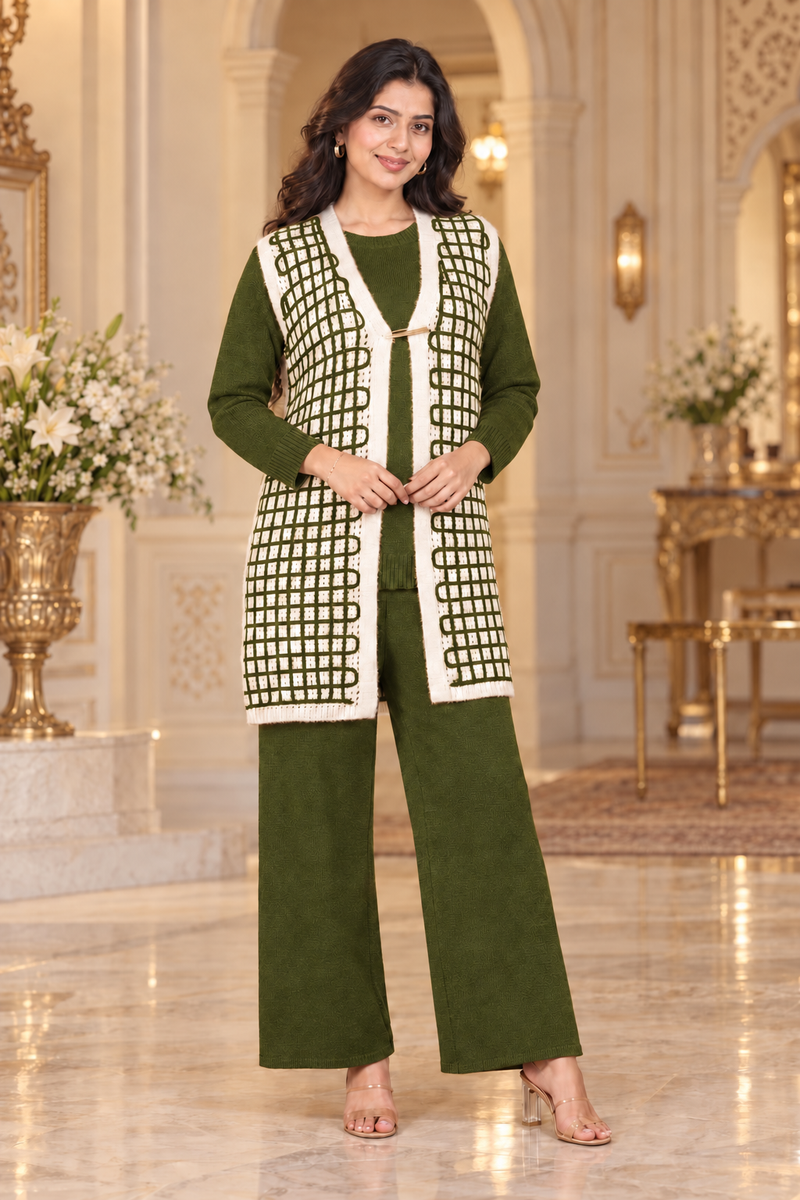 Checkered Long Shrug 3-Piece Knitted Co-ord Set for Women