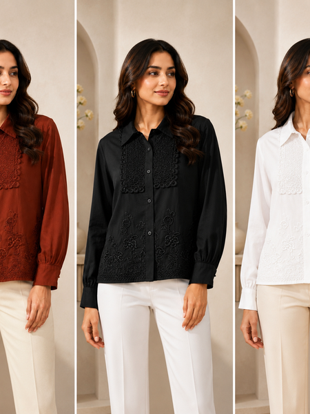 Women’s Premium Embroidered Cotton Shirt | Full Sleeve Formal & Casual Button-Down Top