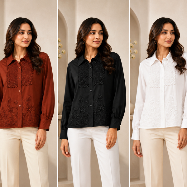 Women’s Premium Embroidered Cotton Shirt | Full Sleeve Formal & Casual Button-Down Top