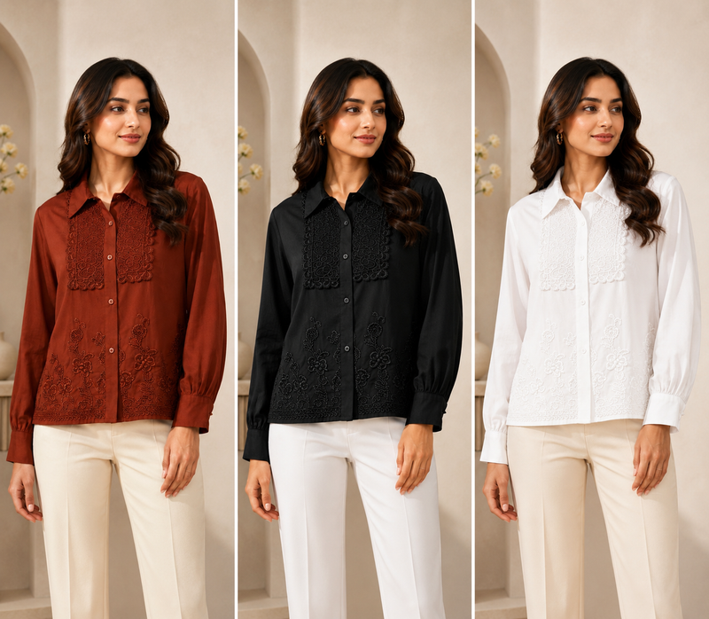 Women’s Premium Embroidered Cotton Shirt | Full Sleeve Formal & Casual Button-Down Top