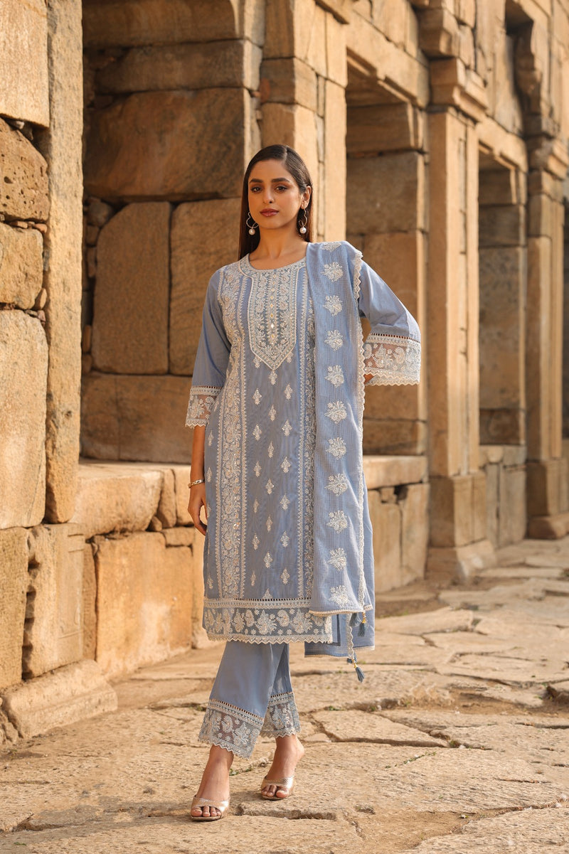 Mulson Mist Blue Embroidered Suit Set