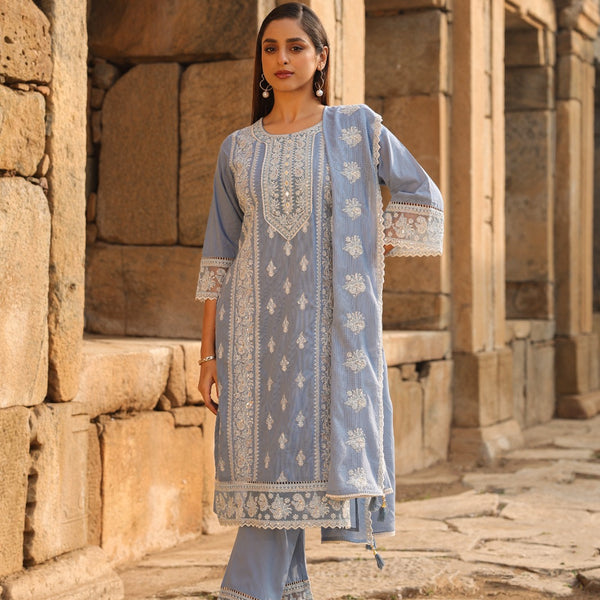 Mulson Mist Blue Embroidered Suit Set