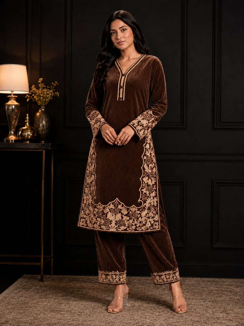 Peacock Blue Premium Velvet Embroidered Co-ord Set for Women