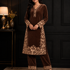 Peacock Blue Premium Velvet Embroidered Co-ord Set for Women