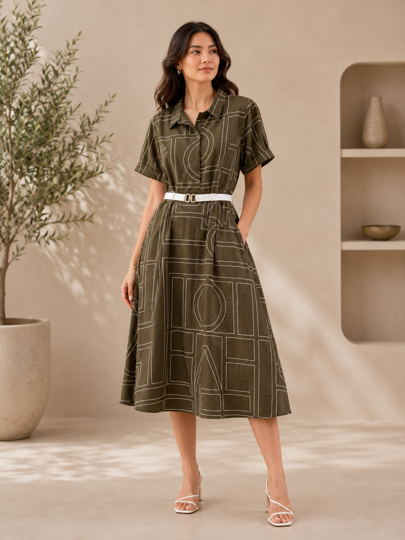 Women’s Olive Green Geometric Print Cotton Shirt Dress with Belt | Casual Midi Dress for Women
