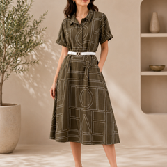 Women’s Olive Green Geometric Print Cotton Shirt Dress with Belt | Casual Midi Dress for Women
