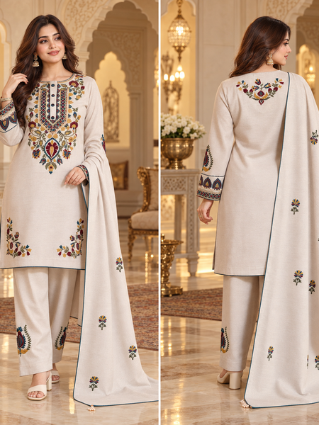 Ivory Kashmiri Embroidered Winter 3-Piece Farshi salwar kurta Set with Dupatta
