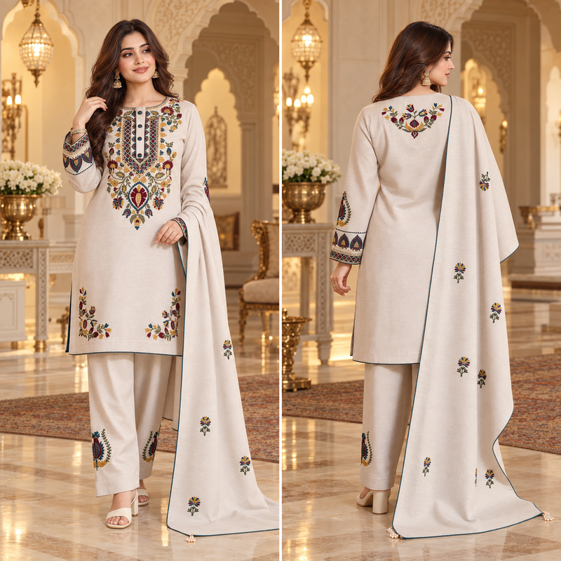Ivory Kashmiri Embroidered Winter 3-Piece Farshi salwar kurta Set with Dupatta