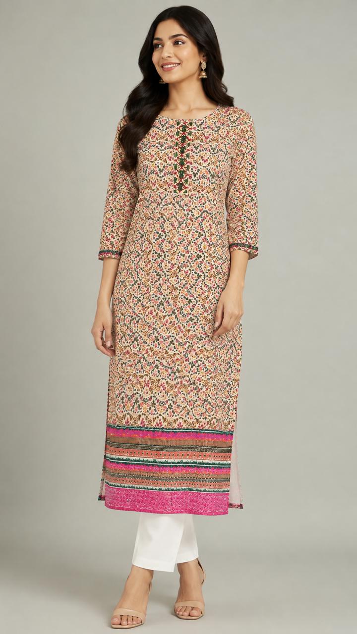 Women’s Beige Multi Floral Printed Straight Kurta