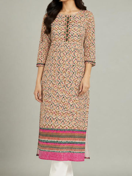 Women’s Beige Multi Floral Printed Straight Kurta