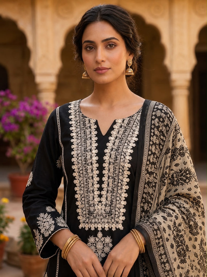 Women’s Black Cotton Printed Patiala Suit Set with Dupatta | Ethnic Embroidered Kurta, Salwar & Dupatta