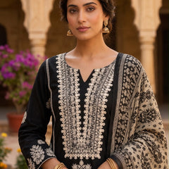 Women’s Black Cotton Printed Patiala Suit Set with Dupatta | Ethnic Embroidered Kurta, Salwar & Dupatta