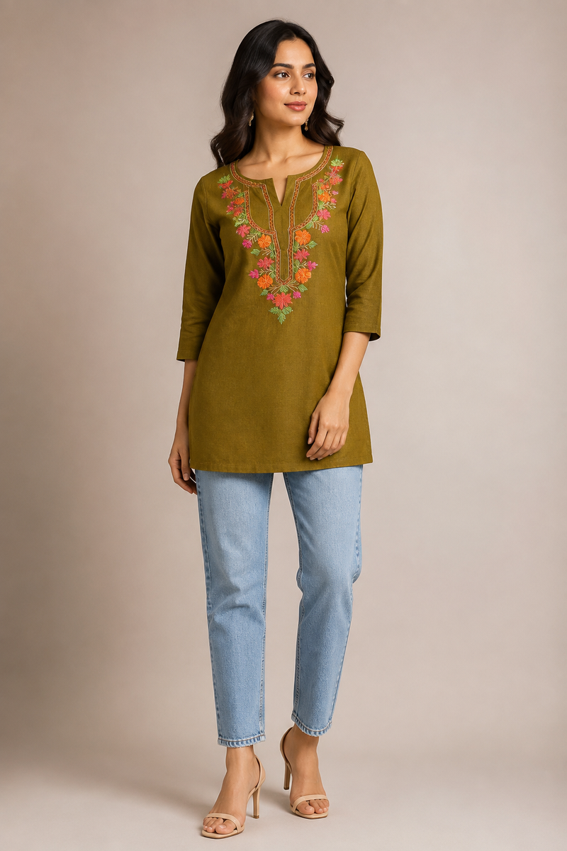 Mehendi Green Floral Embroidered Short Kurti for Women
