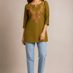 Mehendi Green Floral Embroidered Short Kurti for Women