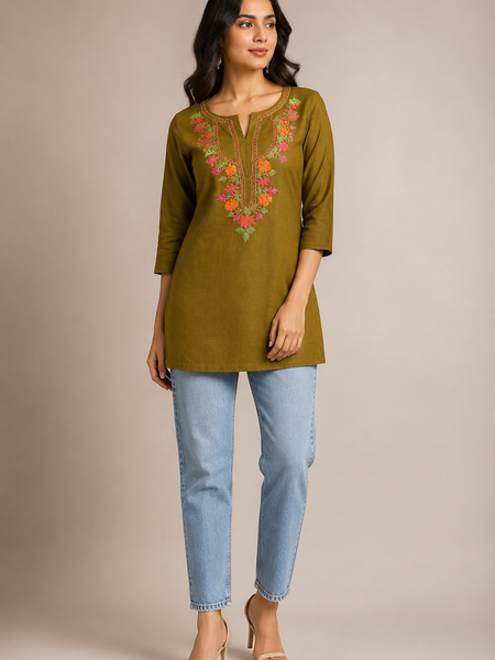 Mehendi Green Floral Embroidered Short Kurti for Women
