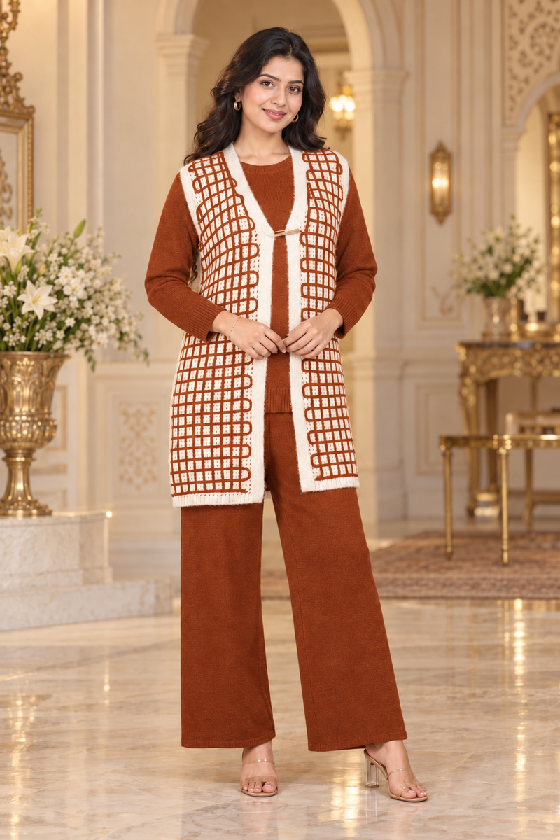 Checkered Long Shrug 3-Piece Knitted Co-ord Set for Women