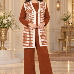 Checkered Long Shrug 3-Piece Knitted Co-ord Set for Women