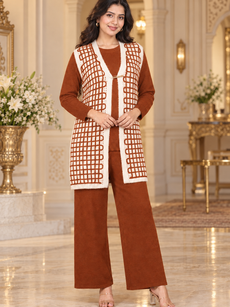 Checkered Long Shrug 3-Piece Knitted Co-ord Set for Women